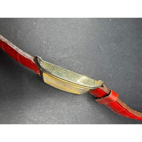 Clarins Paris Rectangular Gold Tone w/ White Dial Watch Red Leather Band Working - Picture 8 of 13